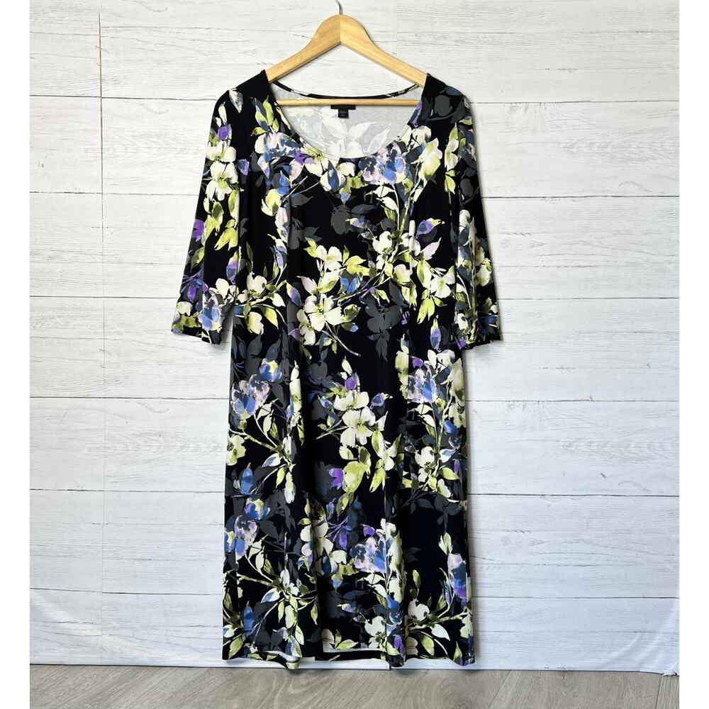 J Jill Dress Womens Size Small Tall Black Allium Moonlit Garden Floral Stretch